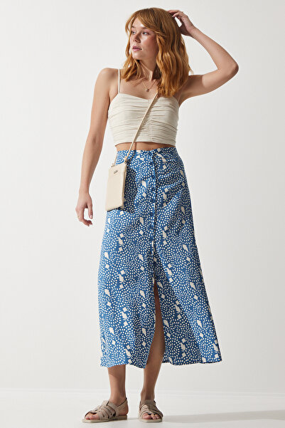 Happiness İstanbul Dámská indigově modrá vzorovaná rozparkovaná viskózová sukně UB00246