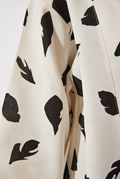 Happiness İstanbul Dámské béžové černé vzorované plátěné viskózové kimono BH00381