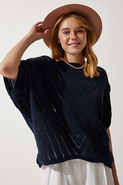 Happiness İstanbul Women's Navy Blue Screen Bat Knit Blouse YU00013