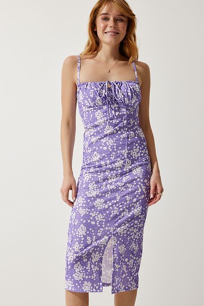 Happiness İstanbul Lilafarbenes Sommer-Strickkleid mit Blumenmuster und Schlitz für Damen CI00029