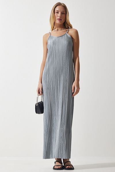 Happiness İstanbul Women's Gray Strappy Summer Pleated Dress DZ00116