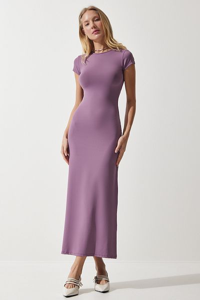 Happiness İstanbul Lilafarbenes Saran Sandy Strickkleid mit Rundhalsausschnitt für Damen, UB00239