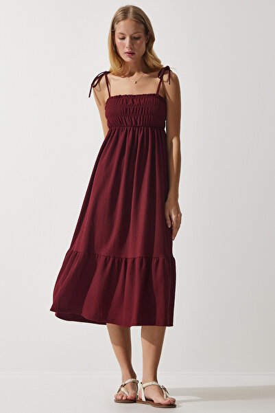 Happiness İstanbul Dámske bordové letné pletené šaty na ramienka UB00250