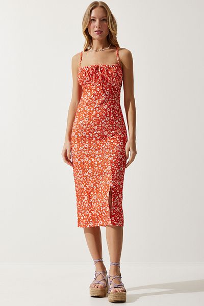 Happiness İstanbul Rochie tricotată de vară cu fantă florală, portocaliu, alb, CI00029