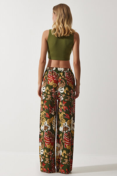 Happiness İstanbul Women's Khaki Yellow Patterned Flowing Viscose Palazzo Trousers EN00606