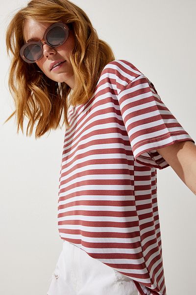 Happiness İstanbul Women's Dried Rose Crew Neck Striped Oversize Knitted T-Shirt EN00609