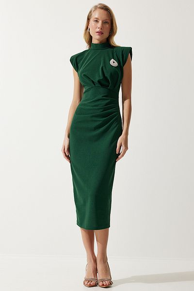 Happiness İstanbul Stilvolles Wickel-Strickkleid mit Brosche und Kordelzug in Smaragdgrün für Damen DE00029