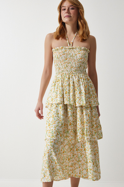 Happiness İstanbul Ecru-gelbes Sommerkleid aus Viskose mit Volant und Blumenmuster für Damen, UB00226