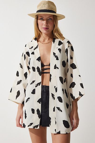Happiness İstanbul Beige-schwarz gemusterter Kimono aus Leinen-Viskose für Damen BH00381