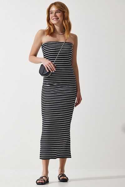 Happiness İstanbul Schwarzes, gestreiftes, geripptes Sommer-Strickkleid mit trägerlosem Kragen für Damen, UB00256