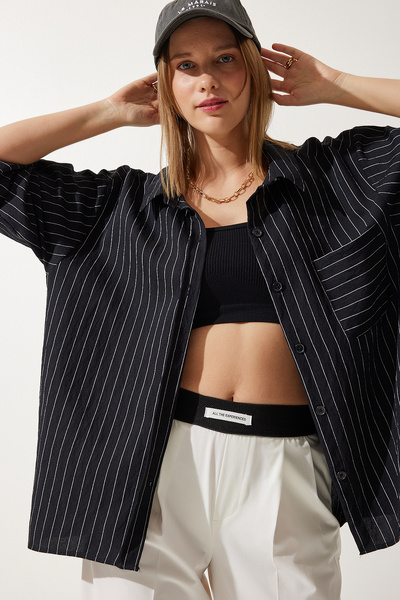 Happiness İstanbul Γυναικείο πουκάμισο βισκόζης με μαύρο ριγέ DE00030