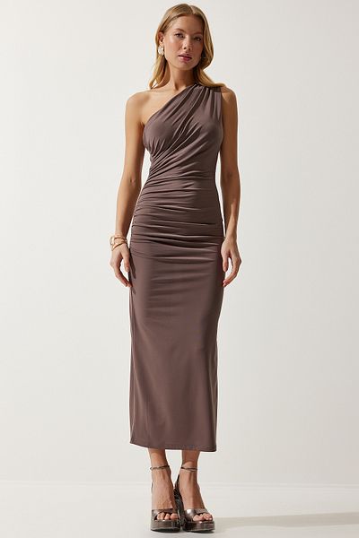 Happiness İstanbul Damen-Nerzkleid Saran Sandy mit One-Shoulder-Raffung DZ00117