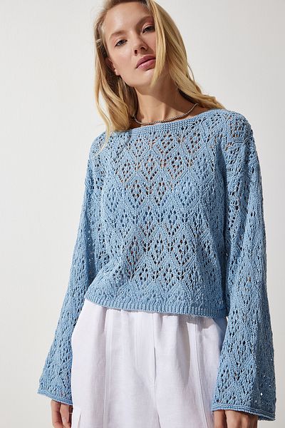 Happiness İstanbul Dámská Sky Blue Boat Neck Sezónní Crop Pletená mikina MW00144