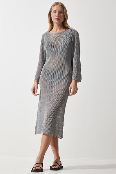 Happiness İstanbul Graues, durchsichtiges, langes Strickkleid für Damen PF00064