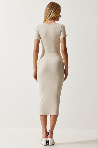 Happiness İstanbul Kadın Krem Bisiklet Yaka Saran Fitilli Örme Elbise UB00241