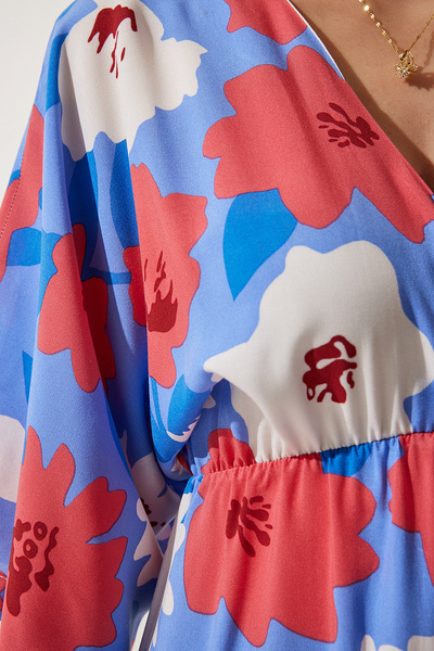 Happiness İstanbul Kadın Lila Pembe Anvelop Yaka Desenli Yazlık Viskon Elbise DK00166