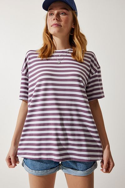 Happiness İstanbul Tricou tricotat supradimensionat cu dungi liliac, cu gâtul turn, EN00609