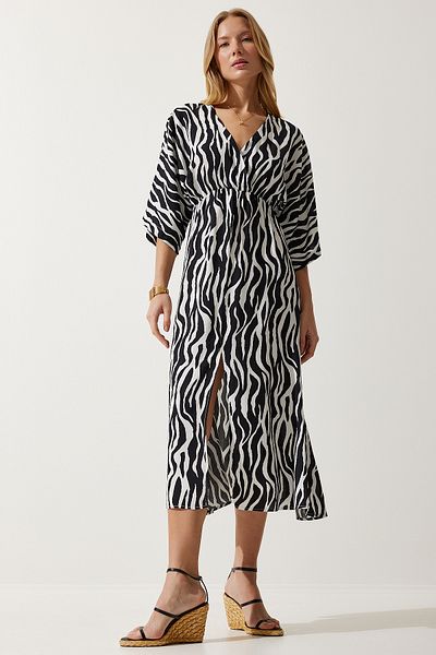 Happiness İstanbul Schwarz-weißes, tiefes V-Ausschnitt-Sommerkleid aus Viskose für Damen, lang, CI00081