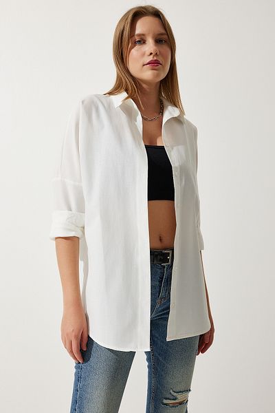 Happiness İstanbul Dámská Ecru Oversize dlouhá základní košile DD00842