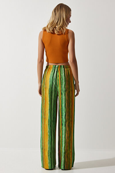 Happiness İstanbul Dámské zelenožluté vzorované splývavé viskózové kalhoty Palazzo EN00606