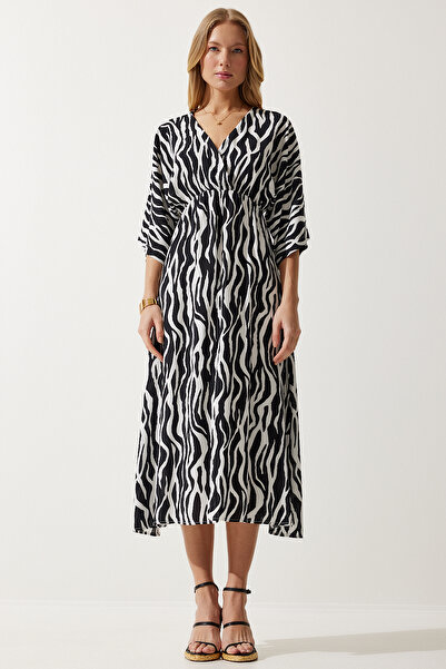 Happiness İstanbul Kadın Siyah Beyaz Derin V Yaka Yazlık Uzun Viskon Elbise CI00081