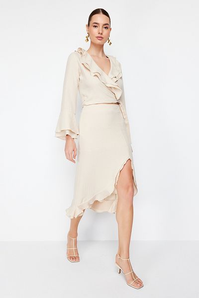 Trendyol Collection Beige Midi Skirt with Aerobin Fabric - Frilly Skirt and Slit Detail, TWOSS24ET00067