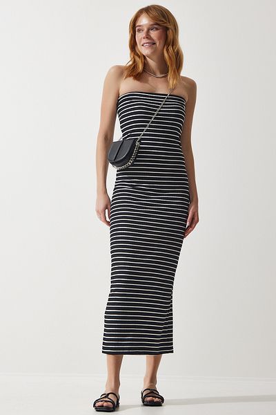 Happiness İstanbul Schwarzes, gestreiftes, geripptes Sommer-Strickkleid mit trägerlosem Kragen für Damen, UB00256