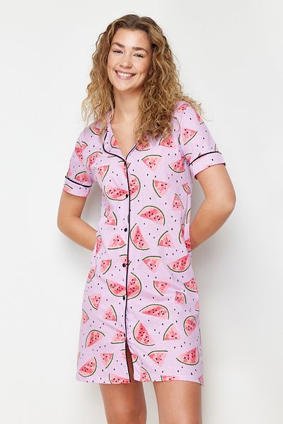 Trendyol Collection Watermelon Patterned Pink Knitted Nightgown - 100% Cotton, Piping THMSS24GC00010