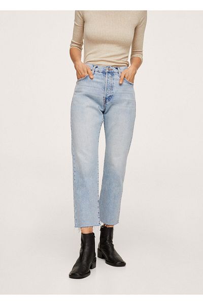 MANGO Woman Jeans de damă, albastru deschis, cu talie înaltă, cu vârf scurt, cu croială dreaptă