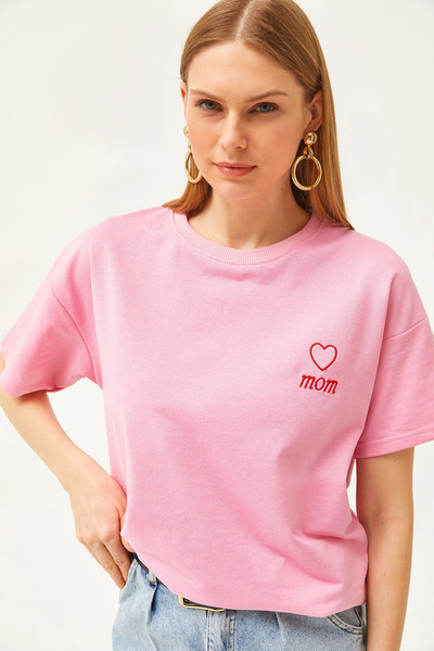 Olalook Γυναικείο μπλουζάκι ροζ μαμά κεντημένο με 2 κλωστές υπερμεγέθη TSH-19000785