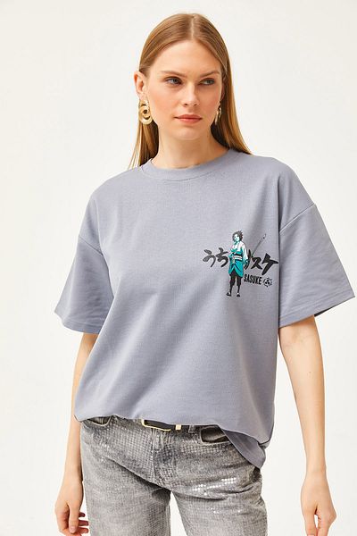 Olalook Μπλουζάκι ιαπωνικού εμπριμέ γκρι Unisex Oversize - 2 νήματα TSH- 19000696