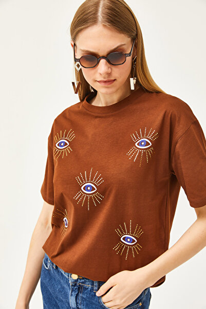 Olalook Női keserűbarna szemű nyomott póló habszivacs részlettel TSH-19000770