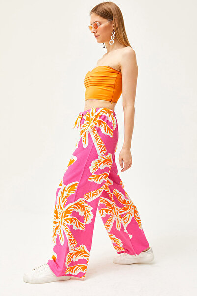 Olalook Γυναικείο λινό Palazzo Παντελόνι με Φούξια-Πορτοκαλί σχέδιο PNT-19000262