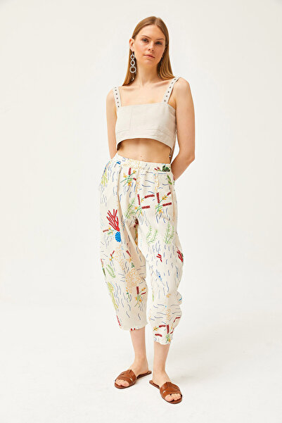 Olalook Dámské Leaf Ecru kapesní plátěné kalhoty Shalwar PNT-19000261