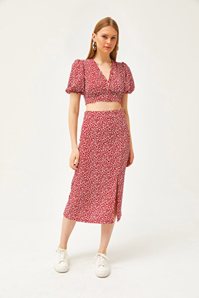 Olalook Kadın Kırmızı Üst Düğmeli Bluz Alt Yırtmaçlı Etek Takım TKM-19000263