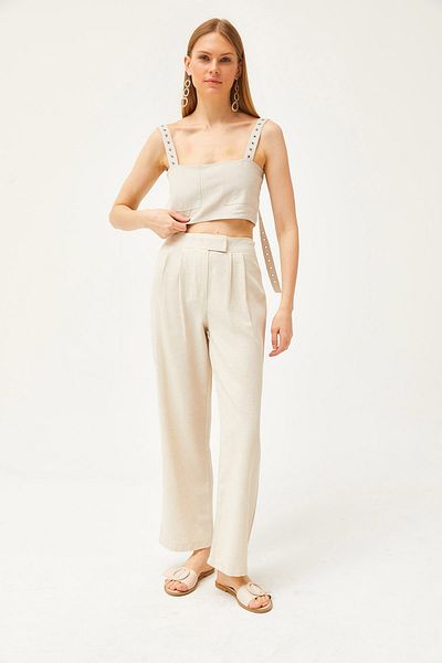 Olalook Damen Palazzo-Hose mit Klettverschluss und Falten in Steinoptik, Leinenanteil PNT-19000260