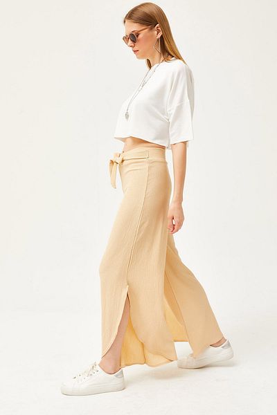 Olalook Beige Strickhose mit Gürtel und Seitenschlitz für Damen PNT-19000265