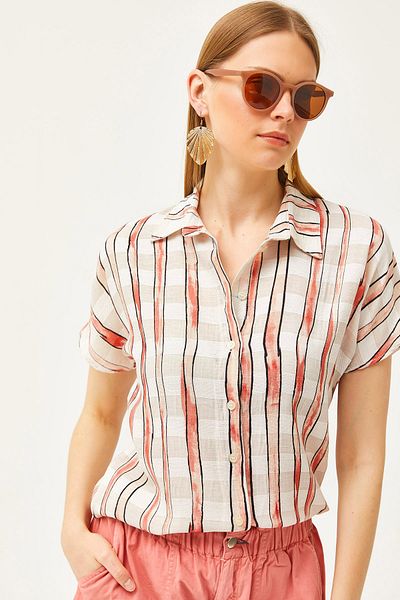 Olalook Women's Ecru Transparent Striped Linen Shirt GML-19001184