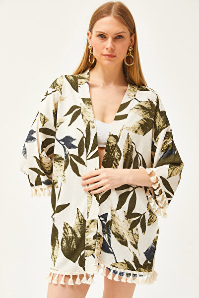 Olalook Kimono tricotat casual cu ciucuri, verde piatră, pentru femei KMN-00000056