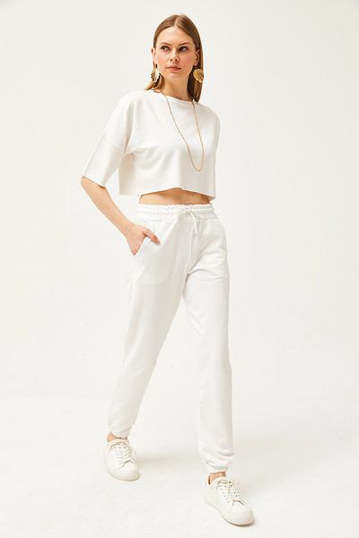 Olalook Women's Ecru Pocketed Elastic Waist Sweatpants EŞF-00000066