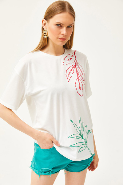 Olalook Γυναικείο T-shirt εκρού ανάγλυφο TSH-19000777