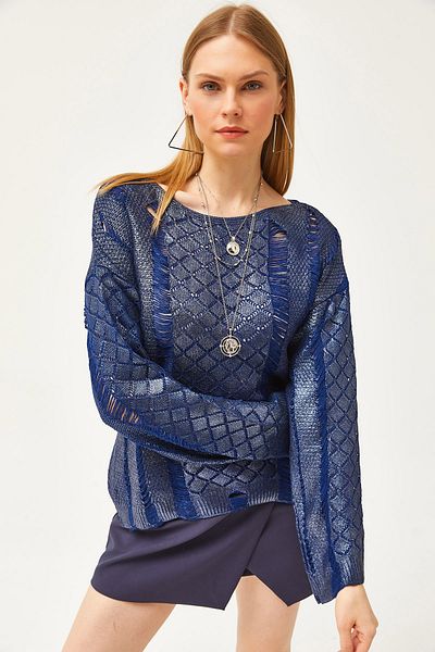 Olalook Woman's Navy Blue Shabby Metallic Knit Blouse BLZ-19002529