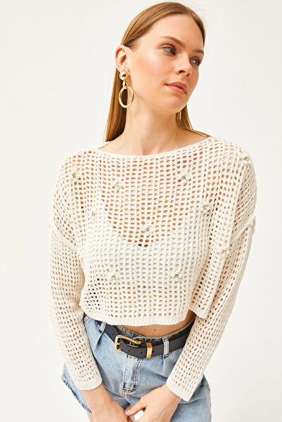 Olalook Kadın Ekru Boncuk Detaylı Ajurlu Pamuk Triko Bluz BLZ-19002534