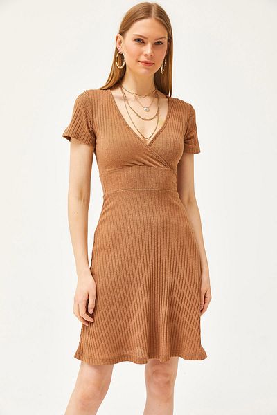 Olalook Γυναικείο φόρεμα Camel με διπλό γιακά με κοντό μανίκι ELB-19002059