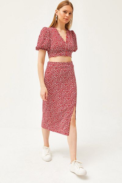 Olalook Rotes Damen-Set mit Oberteil, Bluse und Schlitz, TKM-19000263