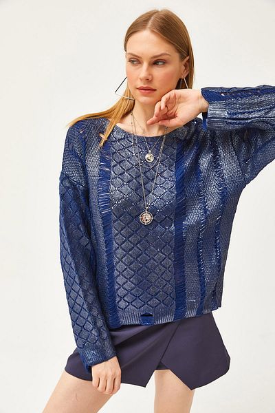 Olalook Woman's Navy Blue Shabby Metallic Knit Blouse BLZ-19002529