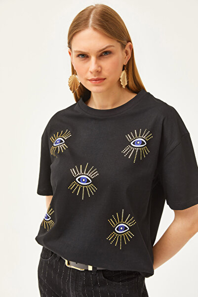 Olalook Γυναικείο μπλουζάκι με στάμπα μαύρου ματιού με λεπτομέρειες TSH-19000770