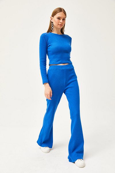 Olalook Women's Saks Blue Top Crop Blouse Bottom Spanish Tights Hooded Suit TKM-19000262