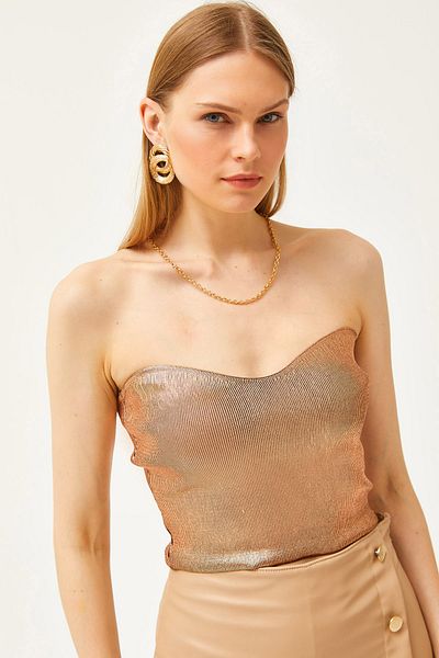 Olalook Women's Plain Bronze Kiss Collar Metallic Strapless Knitwear Blouse BLZ-19002454