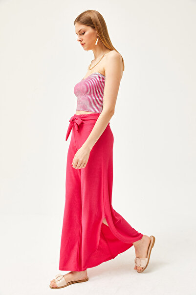 Olalook Kadın Fuşya Kuşaklı Yanları Yırtmaçlı Örme Pantolon PNT-19000265
